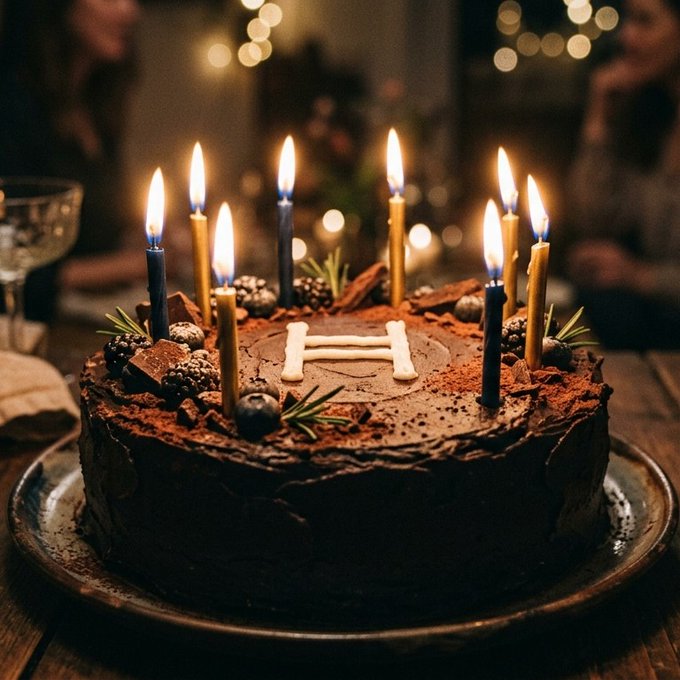 A chocolate birthday cake adorned with numerous lit candles, fresh berries, rosemary sprigs, and white icing decorations in the center, set on a plate in a warmly lit room.