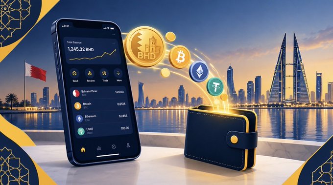 A promotional crypto app image showing a smartphone with a balance of '1,245.32 BHD' and coins for BHD, Bitcoin, Ethereum, and Tether, with a Bahraini flag and city skyline in the background.