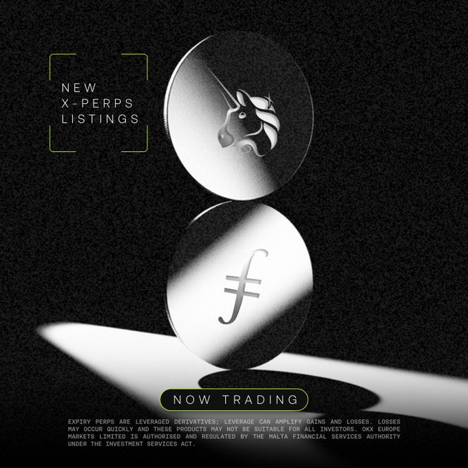 Promotional graphic for OKX Europe Markets announcing 'NEW X-PERPS LISTINGS' featuring two coin-like discs with a unicorn logo and an 'f' symbol, marked 'NOW TRADING' with a regulatory disclaimer about leveraged perps and the Malta Financial Services Authority.