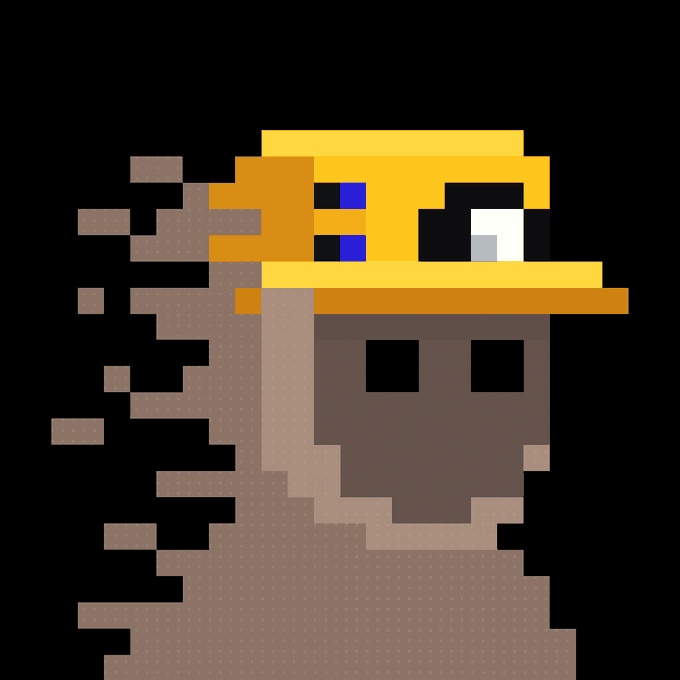 A pixel art image of a figure wearing a straw hat with a face that appears to be dissolving into pixelated particles on the left side.