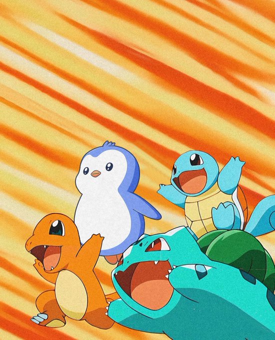A cartoon illustration of four classic Pokémon starter characters—Charmander, Piplup, Squirtle, and Bulbasaur—smiling and posing together against a textured orange and yellow striped background.