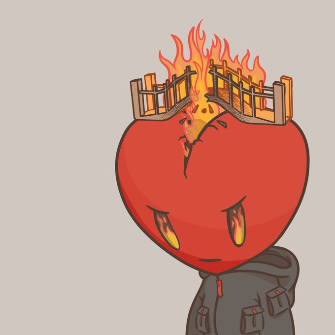A cartoon illustration of a red heart-headed character wearing a dark hoodie, with flames and a broken bridge emerging from the top of its head and fiery eyes.