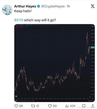 Arthur Hayes (@CryptoHayes) tweets "Keep hatin'" above a price chart for $SYN, asking "which way will it go?" — showing a sharp recent rally in SYN's price just before he reportedly sold at a $1.6M loss.