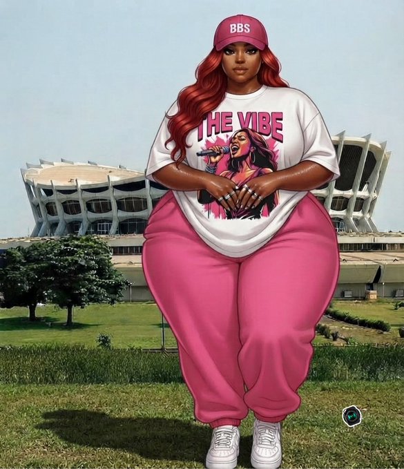 An illustration depicts a confident plus-size woman wearing a red 'BBS' cap, a white 'THE VIBE' t-shirt featuring a singer, and pink sweatpants, posed in front of a stadium.