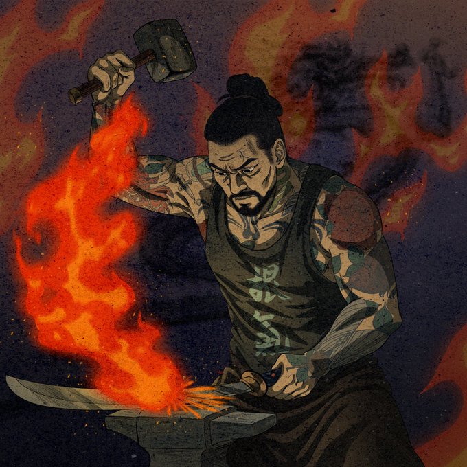 A stylized illustration of a muscular, tattooed blacksmith with a topknot, striking a glowing, fire-wreathed sword on an anvil with a hammer.