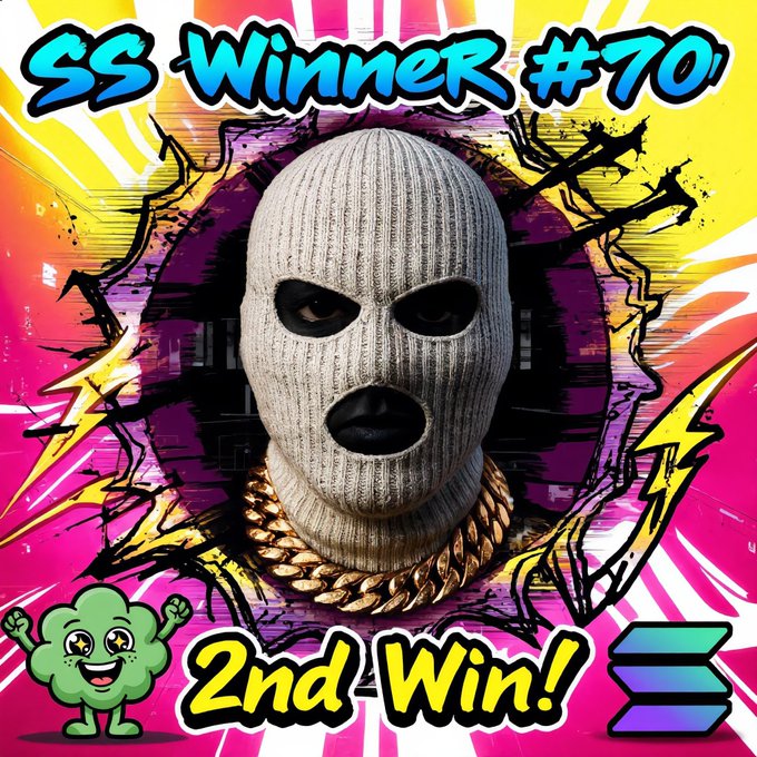 This colorful graphic announces "SS Winner #70" and "2nd Win!" with a masked figure, a cartoon cloud, and the "$SOL" ticker. The image visually represents the winner of the "SMURF SPOTLIGHT V2" contest, congratulating them on their second win which also comes with a $50 $SOL prize.