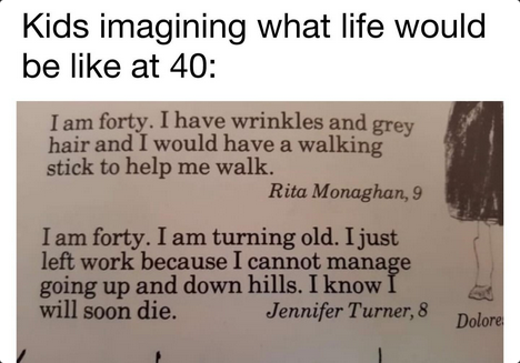 A meme captioned 'Kids imagining what life would be like at 40:' featuring handwritten quotes from 9-year-old Rita Monaghan and 8-year-old Jennifer Turner describing aging.