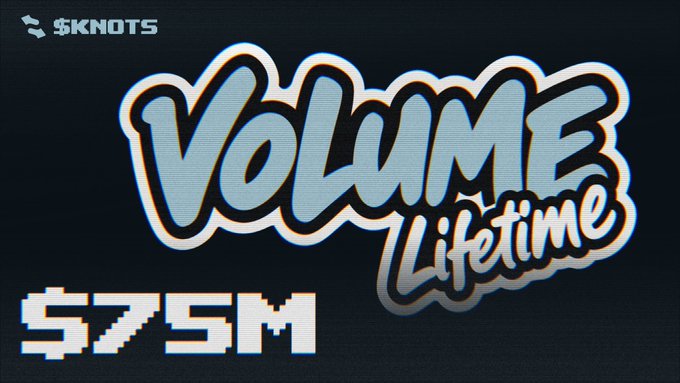 $KNOTS meme-style graphic with graffiti bubble text 'VOLUME Lifetime' and '$75M' displayed in pixelated font on a dark background.