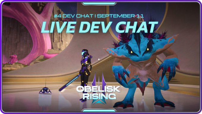 A promotional graphic for a "LIVE DEV CHAT" event titled "#4 DEV CHAT | SEPTEMBER 11" for the game "OBELISK RISING," featuring an armored character and a large blue creature in a fantasy setting.