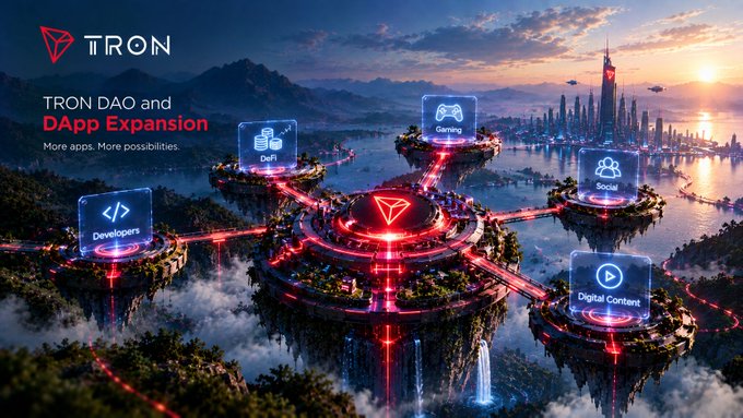A promotional banner for the TRON DAO and DApp Expansion, featuring a futuristic landscape with floating islands connected by red light beams, with icons representing DeFi, Gaming, Social, Developers, and Digital Content.