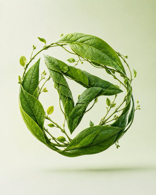 A vibrant green wreath of leaves forming a circular, intertwined design symbolizes growth and sustainability, mirroring the post's theme of AI "taking root" and flourishing alongside TRON's blockchain ecosystem. The organic, forward-moving ring of foliage visually reinforces the message of continuous experimentation and progress in technology.