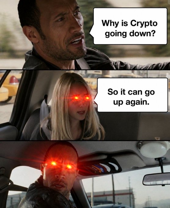 A three-panel meme showing Denzel Washington's character asking "Why is Crypto going down?" followed by two responses with glowing red eyes saying "So it can go up again."