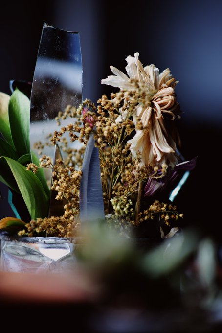 The image features a vase filled with flowers placed on a table. There are two flower arrangements inside the vase - one containing white flowers and another featuring brown flowers. The background of the image appears blurry, but there's an interesting detail that seems out of focus. It is described as "a blurry picture of a flower arrangement" or "a blurry picture of a flower". This adds to the overall artistic feel of the photo.