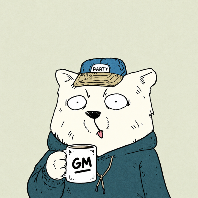 A cartoon illustration shows a dog wearing a blue 'PARTY' cap and holding a 'GM' mug, referencing crypto slang.