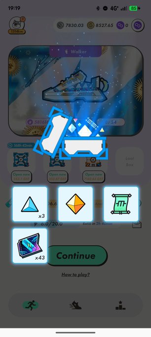 A mobile game screen displays a "Walker" sneaker collection with blue glowing rewards overlay showing gem icons and a "Continue" button.