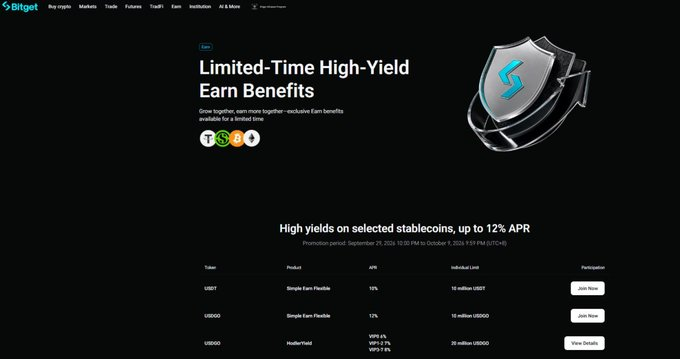 Bitget promotional webpage for 'Limited-Time High-Yield Earn Benefits' offering up to 12% APR on selected stablecoins (USDT, USDC, USDD).