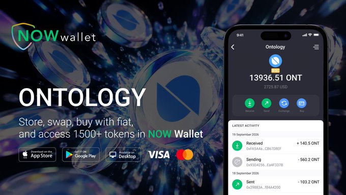 A promotional banner for NOW Wallet advertising 'ONTOLOGY' cryptocurrency storage, displaying 13936.51 ONT (2725.87 USD) on a smartphone interface with App Store, Google Play, and Desktop download options.