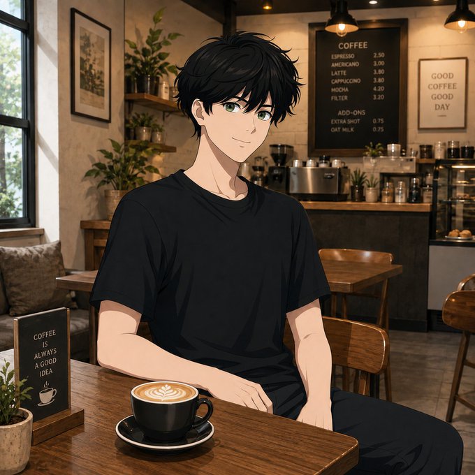 An anime-style illustration of a young man with black hair sitting at a wooden table in a coffee shop, with a cappuccino in front of him and a menu board showing items like Espresso 2.50, Americano 3.00, Latte 3.00, Cappuccino 3.80, and Mocha 4.20 in the background.