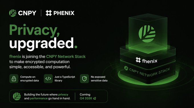 A promotional graphic announces 'CNPY | PHENIX - Privacy, upgraded' stating that phenix is joining the CNPY Network Stack for encrypted computation, coming Q4 2026.