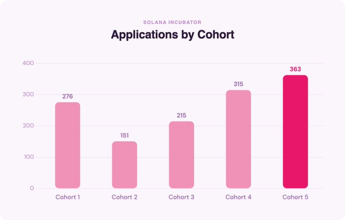 The image shows a chart with different colored bars representing companies applying for Cohort over time. The chart has three purple bars and two pink bars, each showing a different company's progress through the application process. In total, there are five companies that have applied, making this a very high number. Four of these companies (two each in purple and one in pink) have completed their applications, while another four companies (one in purple and three in pink) are still waiting for responses or making final decisions. The title of the post reads "Applications by Cohort".
