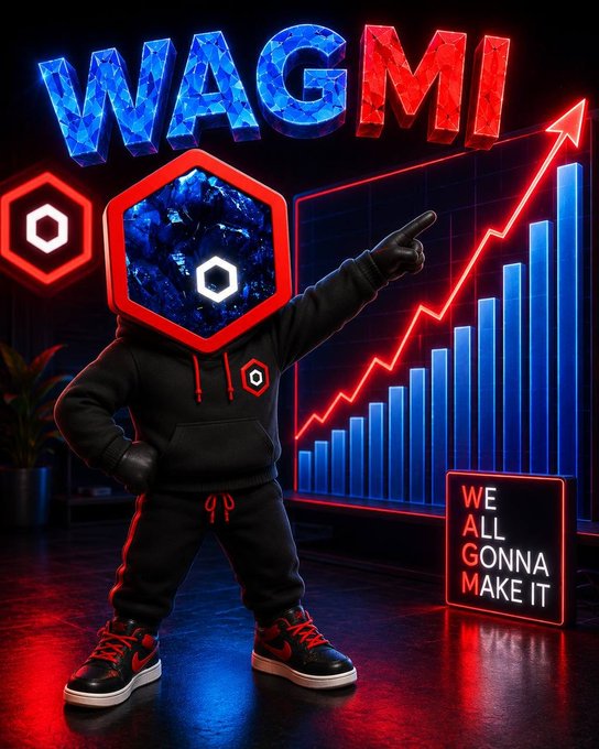A faceless hexagonal-headed character in a black hoodie points triumphantly at a rising bar chart, beneath glowing "WAGMI" letters and a "WE ALL GONNA MAKE IT" sign—visually capturing the post's message of holding ("diamond hands") $CRYSTALSTONES through the weekend with the reassurance that early buyers are profiting but newcomers aren't too late.