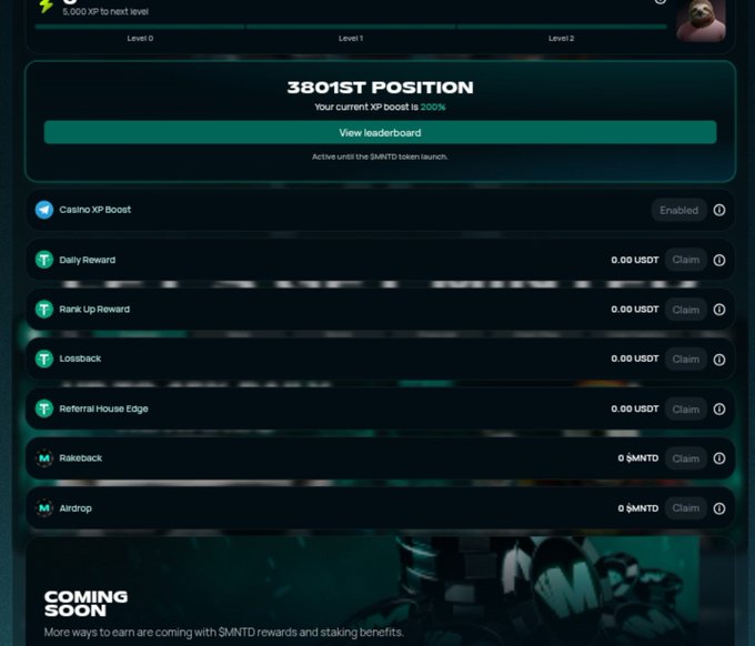 A mobile app screenshot showing a crypto/casino rewards dashboard titled "3801ST POSITION" with various rewards like Daily Reward, Rank Up Reward, Lossback, and Airdrop ($MNTD).