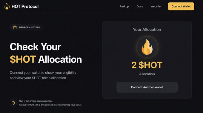 The image shows the HOT Protocol Airdrop Checker interface displaying a $HOT allocation of 2 tokens after connecting a wallet. The page features the heading "Check Your $HOT Allocation" with a prompt to connect a wallet to view eligibility, aligning with the post's humor about potentially receiving just 2 $HOT tokens after 2+ years of airdrop campaign participation.