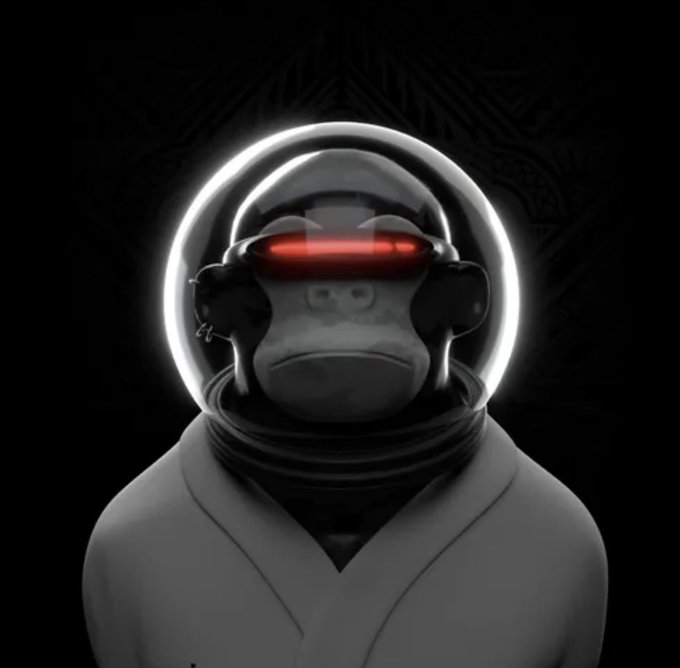 A grayscale digital art piece featuring a monkey wearing a space helmet with a glowing red visor, set against a dark background.