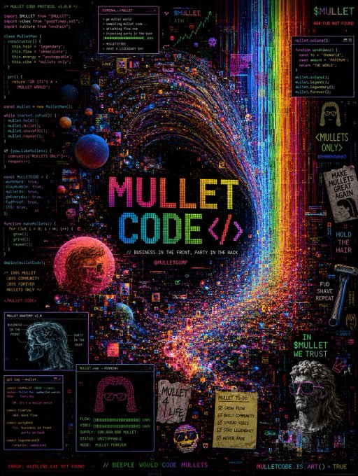 A dense, glitchy cyberpunk-style poster titled 'MULLET CODE </>' with text like '// BUSINESS IN THE FRONT, PARTY IN THE BACK' and 'MULLETOBE.IS.ART()=TRUE'.