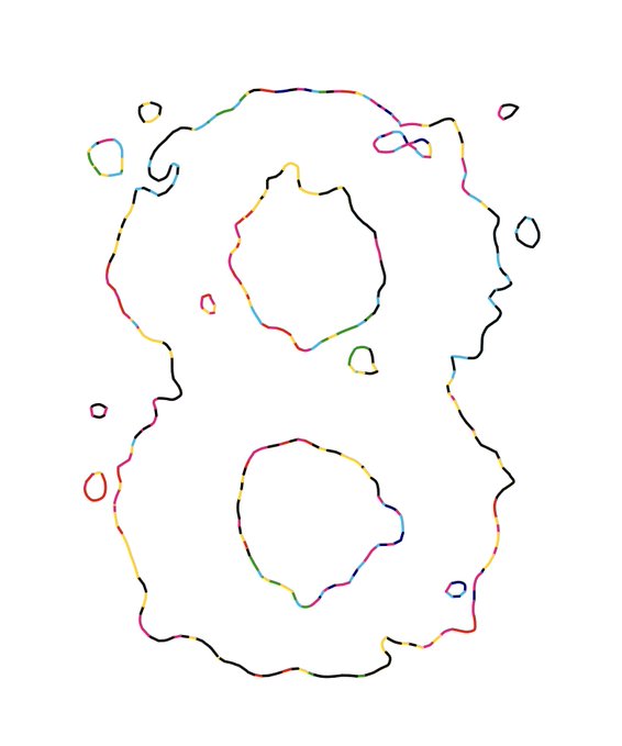 A minimalist drawing of the number '8' is formed by a continuous, colorful, wavy line accompanied by several small floating loops.