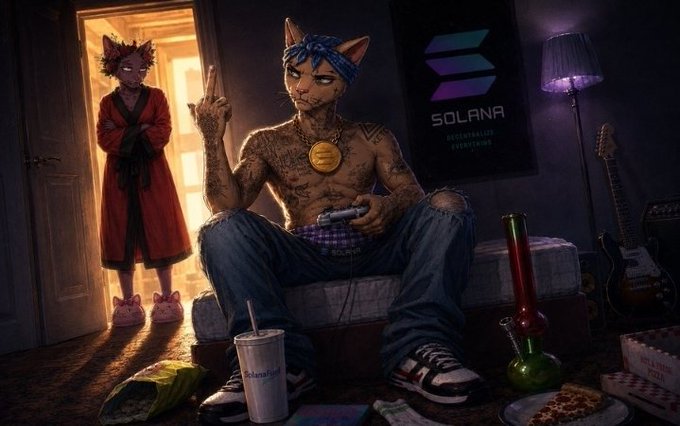 An anthropomorphic cat character with tattoos, a gold medallion, and bandana sits shirtless on a couch holding a game controller, with another cat character standing in the doorway; a 'SOLANA' poster is visible on the wall.