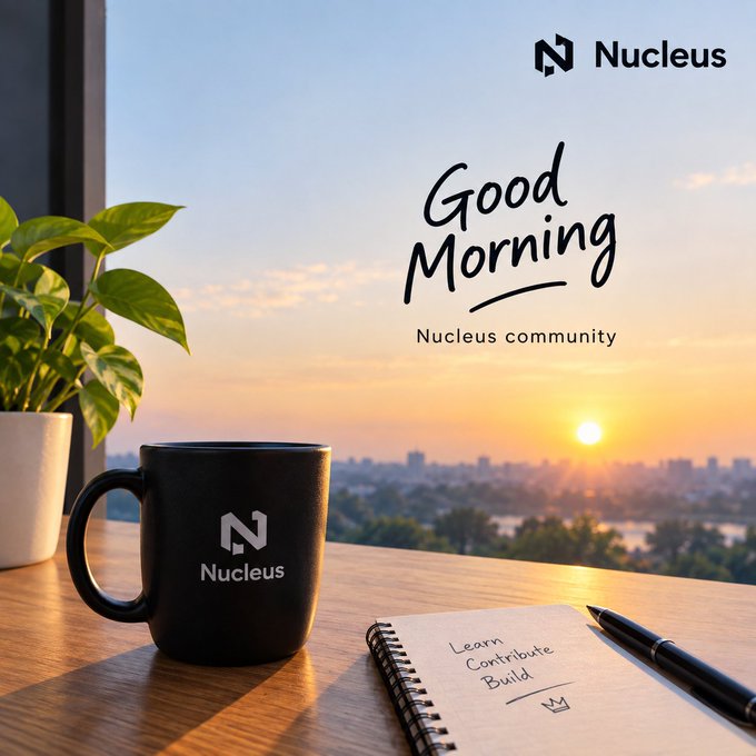 A morning-themed promotional image for Nucleus featuring a black mug with the Nucleus logo, a potted plant, and a notebook with the words 'Learn, Contribute, Build' against a sunrise cityscape background.