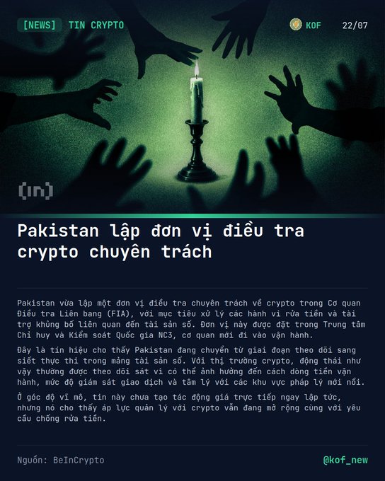 A Vietnamese news graphic from 'TIN CRYPTO' dated 22/07, with imagery of hands reaching toward a lit candle, reporting that Pakistan has established a dedicated crypto investigation unit under the FIA.
