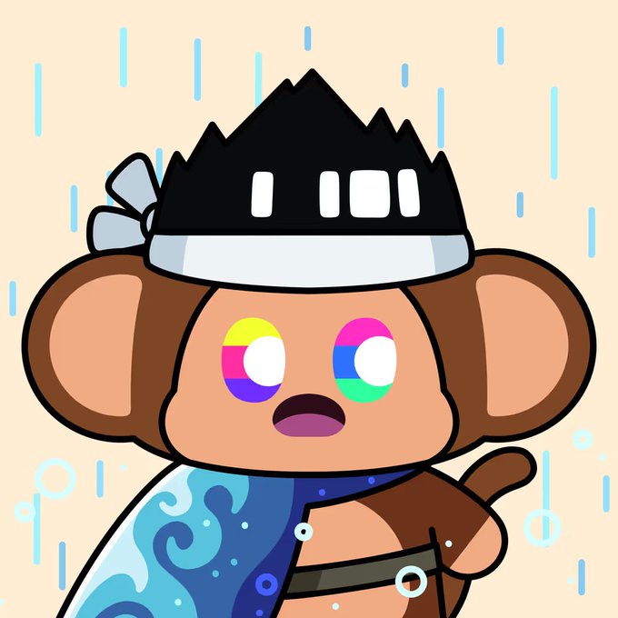 A cartoon monkey character wearing a black headband, with glowing multicolored eyes (yellow, pink, blue, green), holding a staff and wearing a blue water-themed garment.
