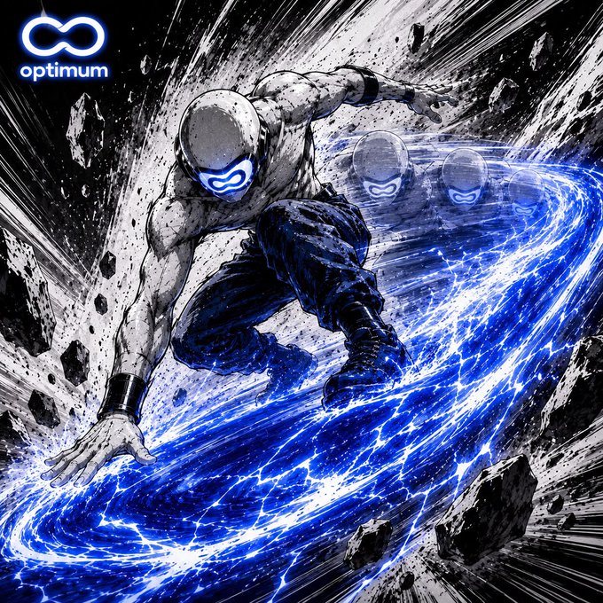 An action-packed manga-style illustration for 'optimum' showing a masked muscular figure riding a swirling blue energy wave with afterimages trailing behind, set against a shattered debris background.