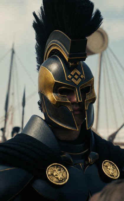 A close-up portrait of a warrior wearing a black and gold Greek-style Spartan helmet with a black plume crest.