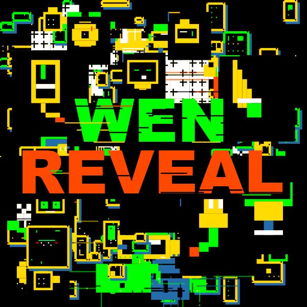 The image features a black background with various shapes, including squares, rectangles, circles, and triangles of different colors such as yellow, green, red, blue, and white. The text " Wen Reveal?" is written in an orange font at the top center of the image. The post appears to be about a video game or a creative project related to it, possibly discussing the gameplay mechanics or sharing ideas for future projects.