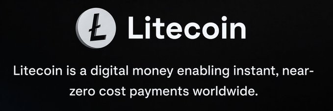 The image displays the Litecoin (LTC) logo—a stylized silver "L" coin—alongside the brand name "Litecoin" and the tagline: "Litecoin is a digital money enabling instant, near-zero cost payments worldwide."

This visual reinforces the post's explanation by presenting Litecoin's official branding and its core promise of fast, low-cost peer-to-peer transactions, aligning with the description of LTC as decentralized digital money with a capped 84 million supply.