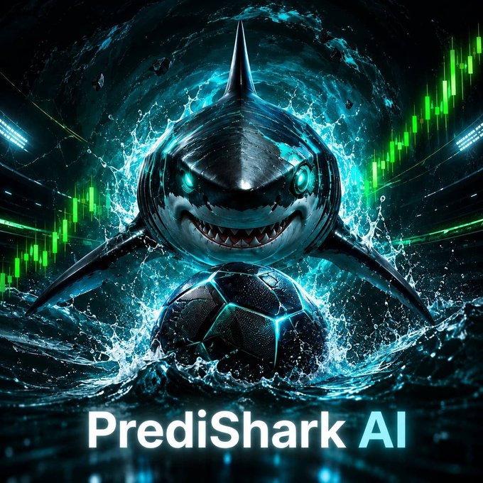 Dramatic digital artwork of a robotic shark bursting from water with a soccer ball, surrounded by green trading candles, with text 'PrediShark AI' below.