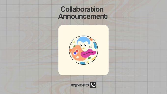 The image features a graphic that displays the words "Collaboration Announcement" and an illustration of a monkey wearing a bowtie and holding a camera, surrounded by cartoon-style colors. The text on the image says "Wingfo o chain: eth requirements: Follow @weingfo and @memehaus_eth liking and repost this tweet ends in 24 hours don't miss it". This graphic design conveys an exciting message about collaboration while incorporating elements of a fun, whimsical style.