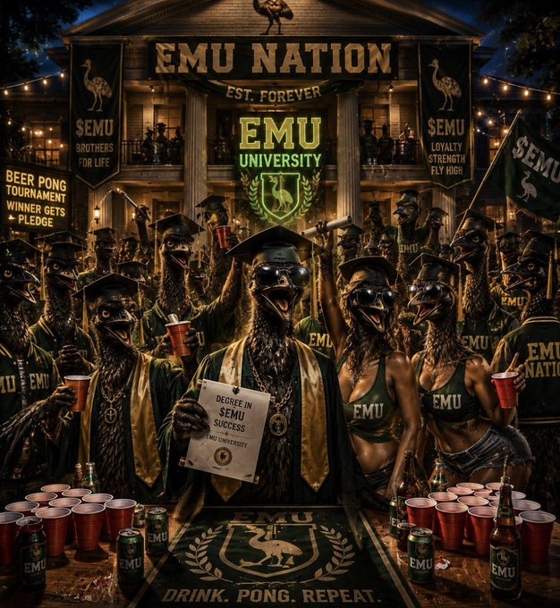 A rowdy group of anthropomorphic emus wearing sunglasses, graduation caps, and "EMU" jerseys celebrate in front of an "EMU NATION – EST. FOREVER" fraternity house, holding a "Degree in Semu Success" and surrounded by beer pong cups and "EMU" cans, with banners reading "Beer Pong Tournament," "Loyalty, Strength, Fly High," and "Drink. Pong. Repeat." The image visualizes the post's hype about the community bonding and rallying toward a "moon" rally, capturing the chaotic, party-fueled camaraderie of an emu-themed meme "fraternity" ready to send its token to the moon.