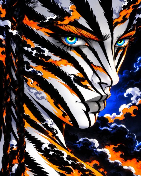 A vibrant, stylized digital illustration of a fierce tiger or feline face with blue eyes, bold black stripes, and orange highlights set against a backdrop of swirling blue and orange clouds.