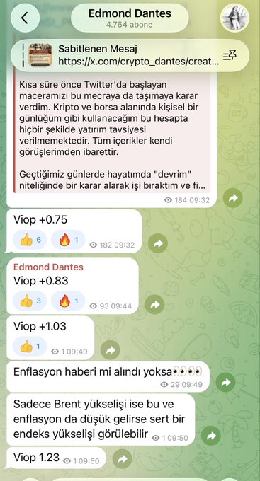 A Telegram channel called "Edmond Dantes" (4,764 subscribers) is shown, with messages discussing inflation news, Brent oil price increases, and market expectations of a sharp index rise, alongside VIOP futures values like +0.75, +0.83, +1.03, and 1.23. The accompanying post warns followers that this Telegram account is Edmond Dantes's only official one, urging them to disregard impostor scammers, which relates directly to verifying the channel shown in the image.
