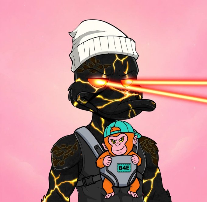 A cartoon illustration features a muscular black figure with glowing yellow lightning veins, wearing a white beanie and firing laser beams from red eyes, while holding a baby orangutan labeled 'BAE'.