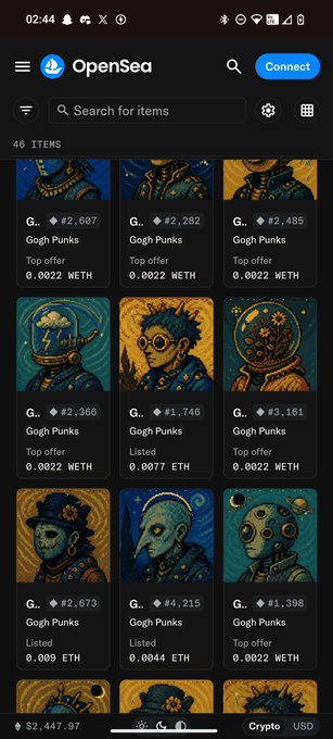 A screenshot of the OpenSea mobile app showing a grid of 'Gogh Punks' NFT collection items, displaying various prices in WETH.