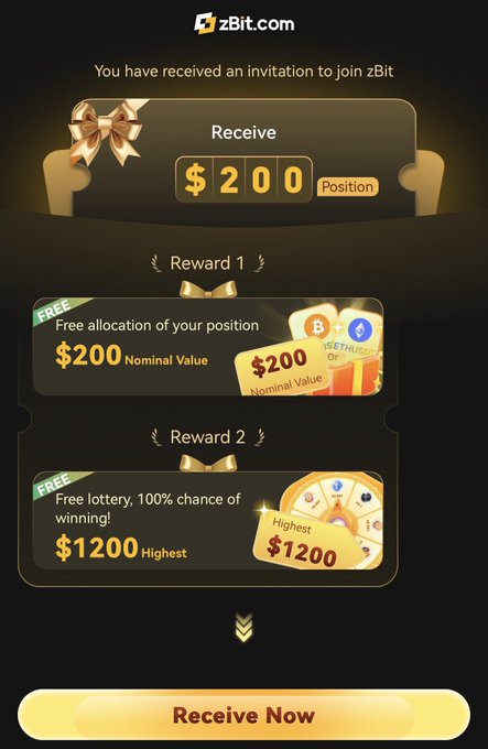 A promotional screen from zBit.com displaying an invitation to receive a $200 position, with Reward 1 offering free allocation of $200 nominal value (BTC/ETH/USDT) and Reward 2 offering a free lottery with up to $1200 highest winning.