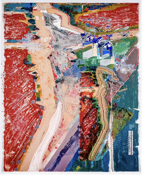 A vibrant, abstract collage-style artwork bursts with textured reds, blues, greens, and whites, featuring a prominent beige serpentine form that coils across the chaotic composition, visually embodying the "Guerrilla Metaphysics" theme of bold, layered meaning. The piece exemplifies the NFT described in the post—part of the "summercomesundone" collection minted on Forever Library—with editions still available on Ethereum.