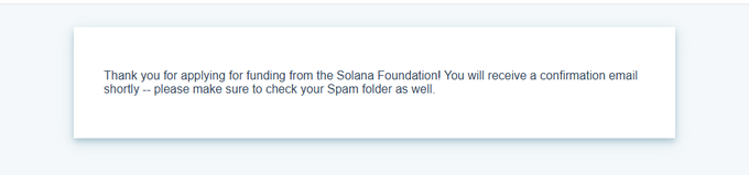 A screenshot displays a confirmation message thanking the applicant for applying for funding from the Solana Foundation and advising them to check their email, including spam folders. This image corresponds to a tweet announcing the application for a $40K Solana Foundation grant to advance the TradeFighters project.