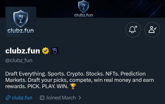 The image shows the Clubz.fun Twitter/X profile page, displaying their handle @clubz_fun, shield logo, and tagline "Draft Everything. Sports. Crypto. Stocks. NFTs. Prediction Markets. Draft your picks, compete, win real money and earn rewards. PICK. PLAY. WIN." The profile relates to the post which highlights the upcoming "Chillionaires" NFT collection by Clubz.fun (1,111 supply on Ethereum, free to mint), serving as the platform behind this collection celebrating their original private league.