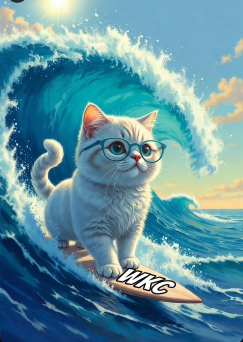 A stylized digital illustration of a white cat wearing blue glasses surfing on a wave atop a surfboard marked 'WKC'.